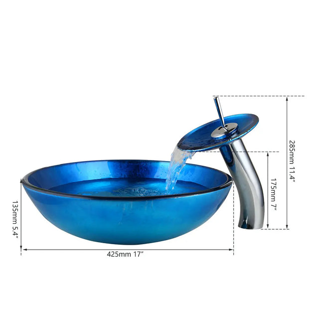 Monite Blue Bathroom Washbasin Glass Sink Waterfall Chrome Basin Tap Hand-Painted Lavatory Bath Sink Combine Set Mixer Faucet