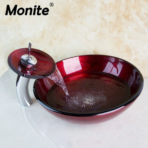 Monite Red Bathroom Tempered Glass Basin Set Vessel Vanity Sink Bowl With Brass Faucet Red Glass Sink