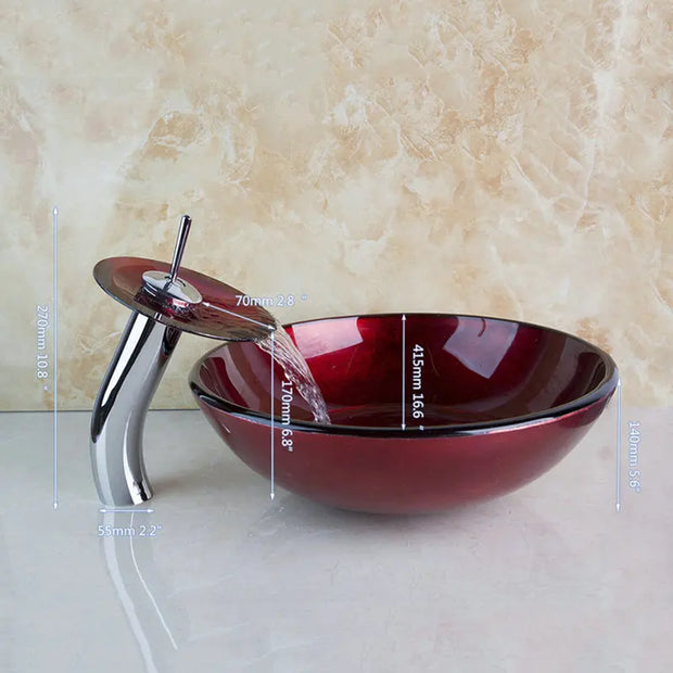 Monite Red Bathroom Tempered Glass Basin Set Vessel Vanity Sink Bowl With Brass Faucet Red Glass Sink