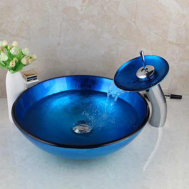 YANKSMART Round Tempered Glass Blue Bathroom Vanity Set Hand Painting Cuba Basin Sink Washbasin Waterfall Faucet Mixer Water Tap