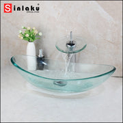 SINLAKU Tempered Glass Oval Washroom Basin Vessel Vanity Sink Set Transparent Bathroom Deck Mounted Mixer Tap Faucet With Drain