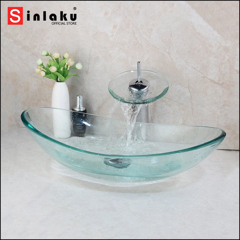 SINLAKU Tempered Glass Oval Washroom Basin Vessel Vanity Sink Set Transparent Bathroom Deck Mounted Mixer Tap Faucet With Drain