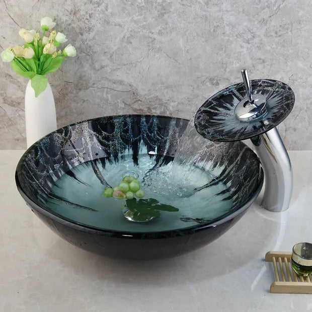 JIENI Hand-Painted Tempered Glass Chrome Round Basin Tap Bathroom Sink Washbasin Black Lavatory Bath Brass Set Faucet Mixer Tap