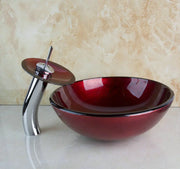 Monite Red Bathroom Tempered Glass Basin Set Vessel Vanity Sink Bowl With Brass Faucet Red Glass Sink