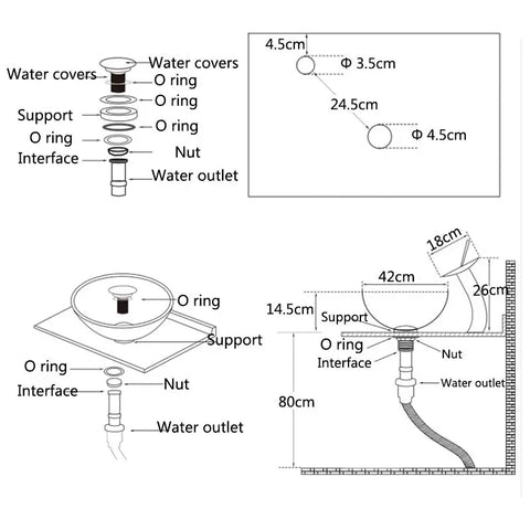 OUBONI Red Waterfall Design Bathroom Tempered Glass Sink Basin Bowl Vessel w/ Faucet Drain Combo Set