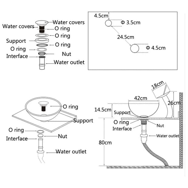 OUBONI Red Waterfall Design Bathroom Tempered Glass Sink Basin Bowl Vessel w/ Faucet Drain Combo Set