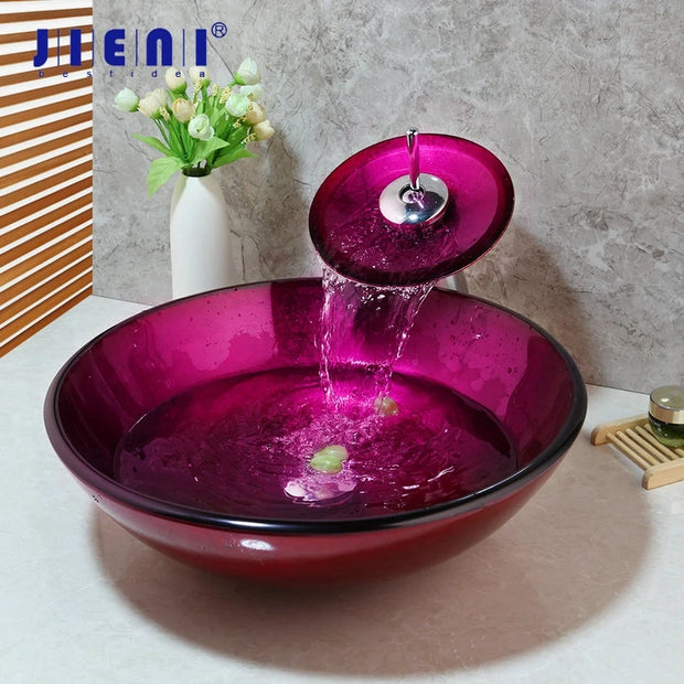 JIENI Rose Red Unique Tempered Glass Basin Sink Washbasin Faucet Set Bathroom Counter Top Washroom Vessel Vanity Sink Mixer