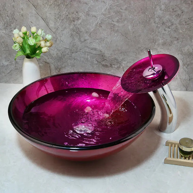 JIENI Rose Red Unique Tempered Glass Basin Sink Washbasin Faucet Set Bathroom Counter Top Washroom Vessel Vanity Sink Mixer