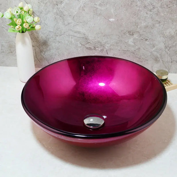 JIENI Rose Red Unique Tempered Glass Basin Sink Washbasin Faucet Set Bathroom Counter Top Washroom Vessel Vanity Sink Mixer