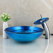 Monite Blue Bathroom Washbasin Glass Sink Waterfall Chrome Basin Tap Hand-Painted Lavatory Bath Sink Combine Set Mixer Faucet