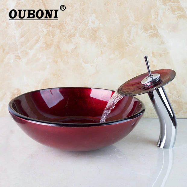 OUBONI Red Waterfall Design Bathroom Tempered Glass Sink Basin Bowl Vessel w/ Faucet Drain Combo Set