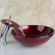 Monite Red Bathroom Tempered Glass Basin Set Vessel Vanity Sink Bowl With Brass Faucet Red Glass Sink