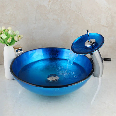 Monite Blue Bathroom Washbasin Glass Sink Waterfall Chrome Basin Tap Hand-Painted Lavatory Bath Sink Combine Set Mixer Faucet