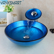 YANKSMART Round Tempered Glass Blue Bathroom Vanity Set Hand Painting Cuba Basin Sink Washbasin Waterfall Faucet Mixer Water Tap