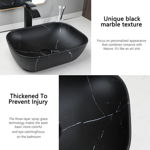 YANKSMART Marbla Bathroom Basin Sink Counter Top Ceramic Vessel Vanity with Black Mixer Waterfall Faucet and Pop-up Drain Set