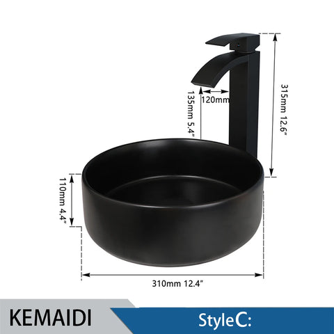 KEMAIDI Matte Black Bathroom Ceramic Washing Bowl Sink Above Counter Round Bathroom Sinks with Faucet Mixer Tap Set Deck Mounted