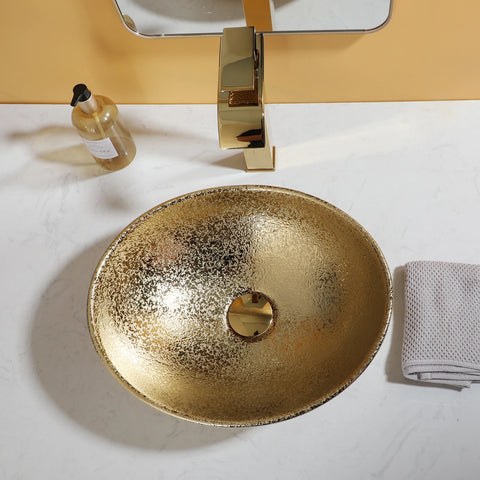 KEMAIDI 16" Gold Bathroom Sink Ceramic Vessel Sinks for Bathrooms Above Counter Bathroom Sink Oval Vessel Sink with Faucet Combo