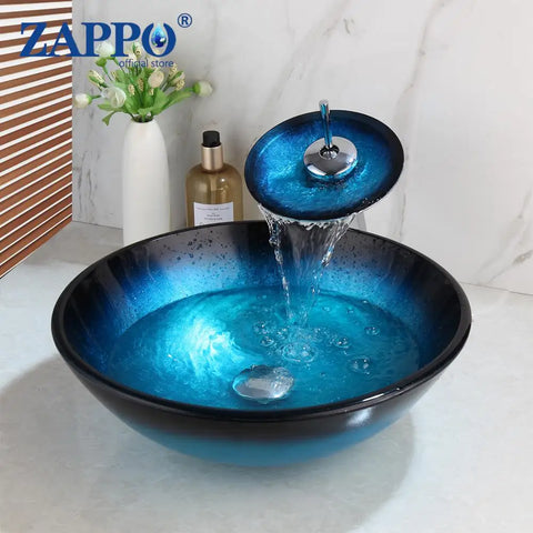 ZAPPO Tempered Glass Bathroom Vessel Sink with Waterfall Black Faucet Tap Bathroom Oval Blue Vessel Sinks Above Counter Basin