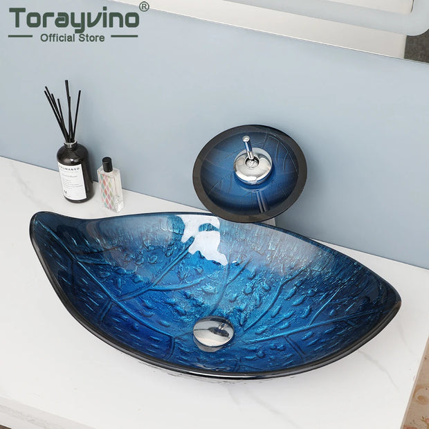 TRAYVINO Tempered Glass Hand Painted Blue Leaf Shape Waterfall Bathroom Faucet Basin Sink With Pop-up Drain Mixer Tap Set