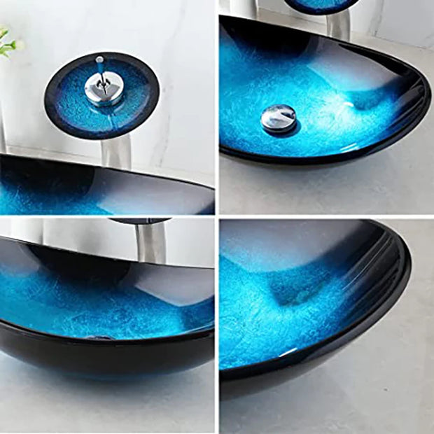 OUBONI Oval Bathroom Sink Faucet Set Tempered Glass Hand Painted Countertop Kit Bowl Washbasin W/ Faucet And Pop Up Drain