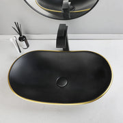 YANKSMART Oval Bathroom Vessel Vainty Countertop Ceramic Basin Sink with Matte Washbain Black Waterfall Faucet Pop-up Drain Set