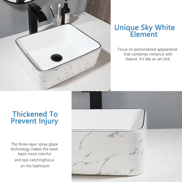 TORAYVINO Bathroom Basin Sink Faucet Set White Procelain Ceramic Vessel Sink Above Counter Bathroom Sink Matter Black Faucet