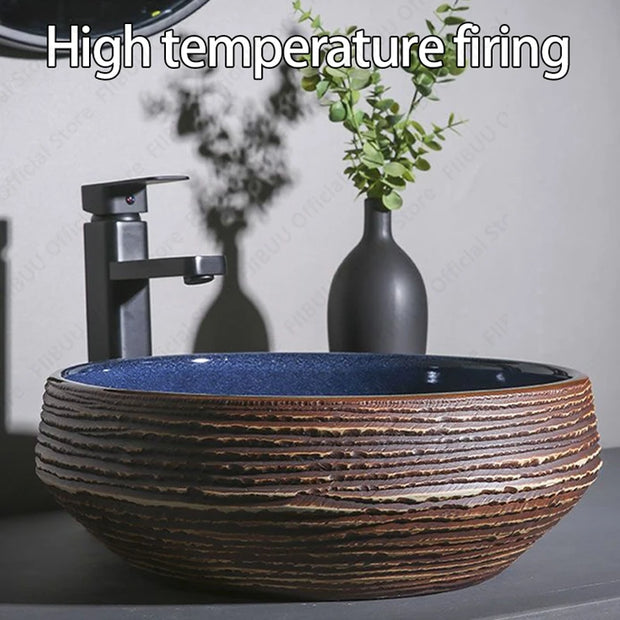 Round Navy Blue And Brown Ceramic Vessel Sink Carved Texture Lavatory Above Counter Art Basin Vanity Sink For Balcony Apartment