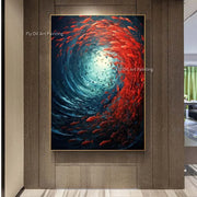 Mysterious Underwater Abstract Oil Painting Red Fish Swim In Crowds Original Design Canvas Wall Art  Handmade Abstarct Artwork