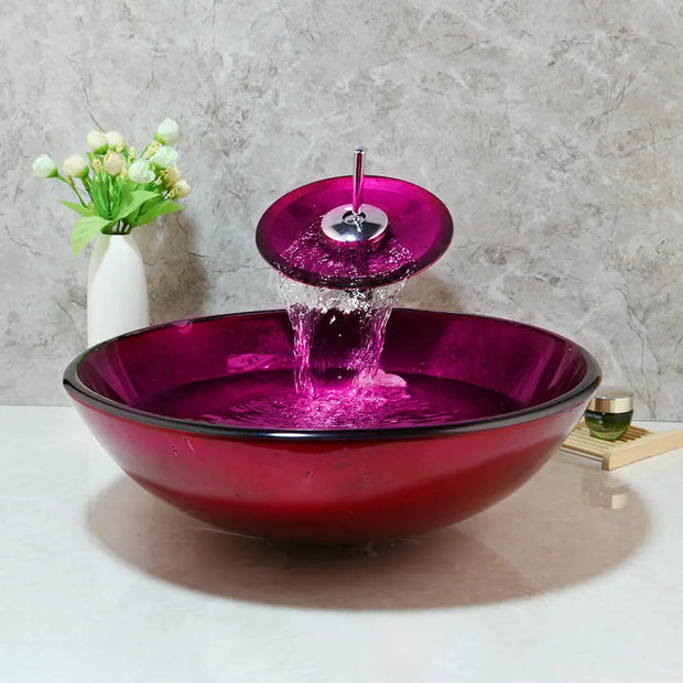 OUBONI Rose Red Tempered Glass Basin Sink Unique Washbasin Faucet Set Bathroom Counter Top Washroom Vessel Vanity Sink Mixer Tap