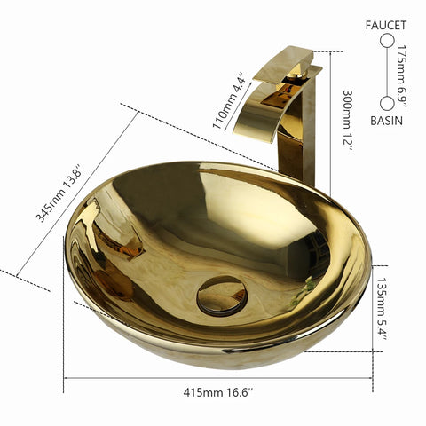 KEMAIDI Bathroom Vessel Sink 16 Inch Gold Ceramic Sink Bowl With Faucet Oval Bathroom Sink Above Counter Art Sink Washing Basin