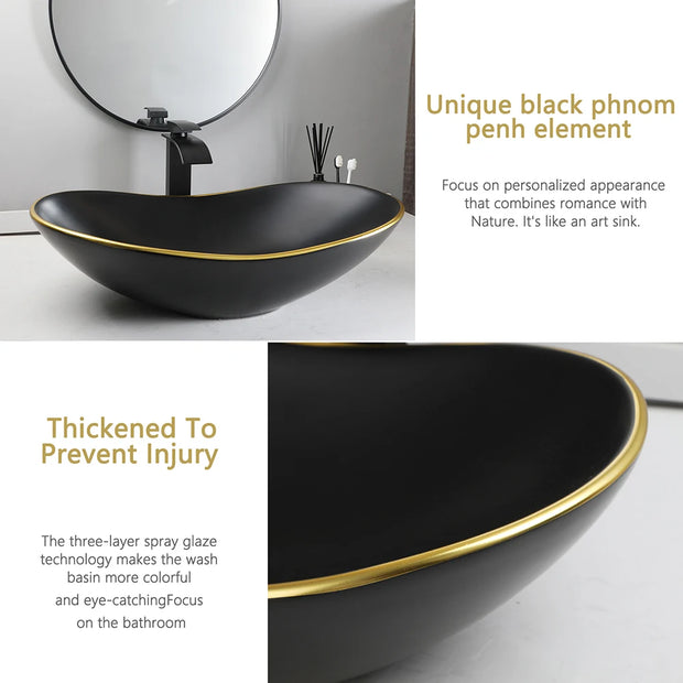 YANKSMART Oval Bathroom Vessel Vainty Countertop Ceramic Basin Sink with Matte Washbain Black Waterfall Faucet Pop-up Drain Set