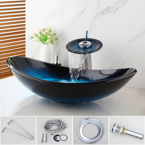 YANKSMART Tempered Glass Bathroom Sink Set Blue Oval Vessel Vanity Bowl Waterfall Black Faucet W/ Pop-Up Drain