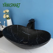 YANKSMART Oval Bathroom Vessel Vainty Countertop Ceramic Basin Sink with Matte Washbain Black Waterfall Faucet Pop-up Drain Set