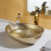 JIENI Oval Bathroom Sink Combo Marble Patterned Ceramics  Vessal Basin W/ Single Handle Hot Cold Faucet And Pop Up Drain