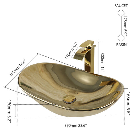 ZAPPO Luxury Large Gold Vessel Sink Ceramic Bathroom Sink Above Counter Washing Sink Faucet Combo with Faucets Drain Basin Sinks