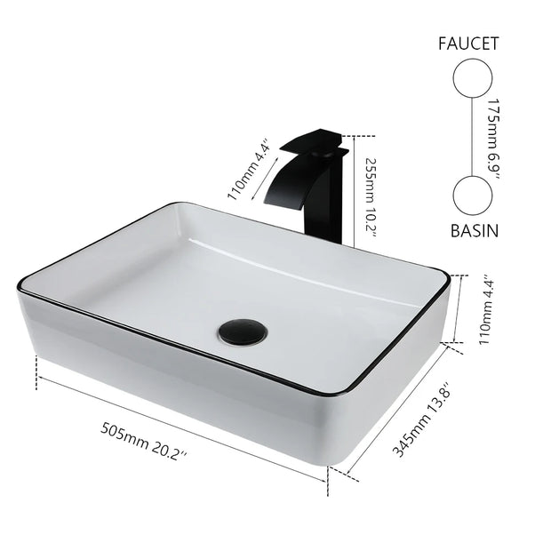 OUBONI Bathroom Basin Faucet Set White Ceramic Black Edge Washbasin Waterfall Hot Cold Mixer Tap Matte Black Pop Up Drain