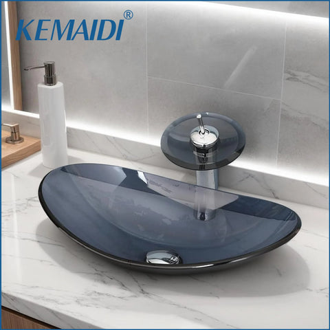 KEMAIDI Bathroom Vessel Sink Oval Glass Vessel Sink with Waterfall Faucet Tap Tempered Glass Bathroom Sinks Above Counter Basin