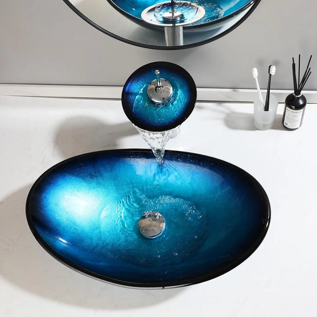 KEMAIDI Oval Blue Bathroom Vessel Sinks With Faucet Vessel Sink Bathroom Glass Sinks Boat Shape Above Counter Glass Sink Bowl