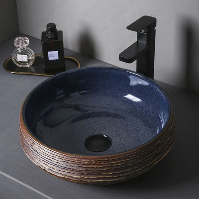 Round Navy Blue And Brown Ceramic Vessel Sink Carved Texture Lavatory Above Counter Art Basin Vanity Sink For Balcony Apartment