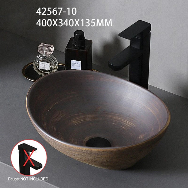 Brown Ceramic Vessel Sink Vanity Bowl Oval Bathroom Table Sink Lavatory Balcony Art Basin Above Counter Pedestal Washing Basin