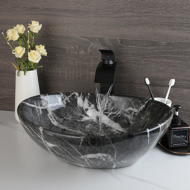 KEMAIDI Ceramic Vessel Sinks Oval Bathroom Sink Above Counter Vessel Sink with Faucet and Drain Combo 16 inch Marbling Vessel