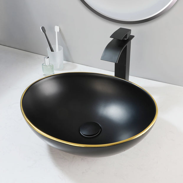 JIENI Oval Bathroom Sink Combo Marble Patterned Ceramics  Vessal Basin W/ Single Handle Hot Cold Faucet And Pop Up Drain