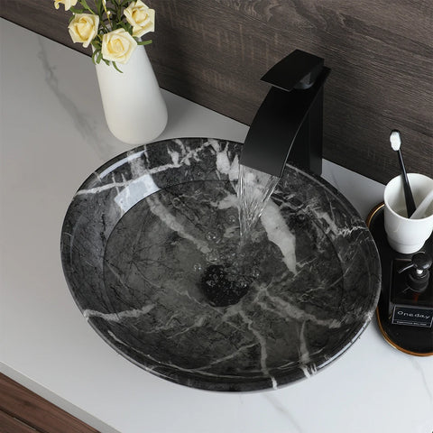 ZAPPO Marbling Rectangle Vessel Sink with Faucet Drain Ceramic Vessel Sinks Oval Bathroom Sink Bowl Above Counter with Mixer Tap