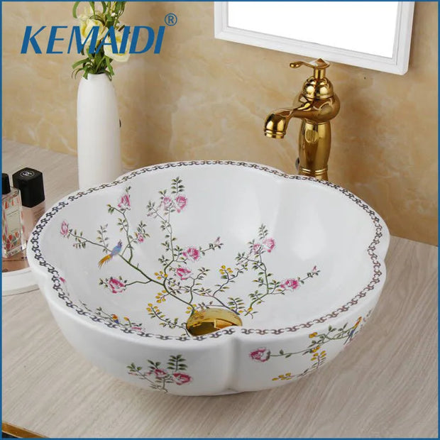 KEMAIDI Ceramic Bathroom Basin Sink Round White Washbasin Faucet Combo Bathroom Bowl Sinks with Hot Cold Water Mixer