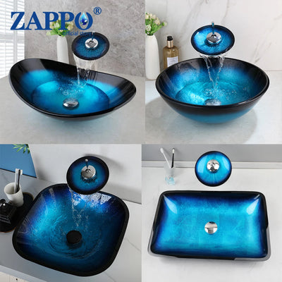 ZAPPO Tempered Glass Bathroom Vessel Sink with Waterfall Black Faucet Tap Bathroom Oval Blue Vessel Sinks Above Counter Basin