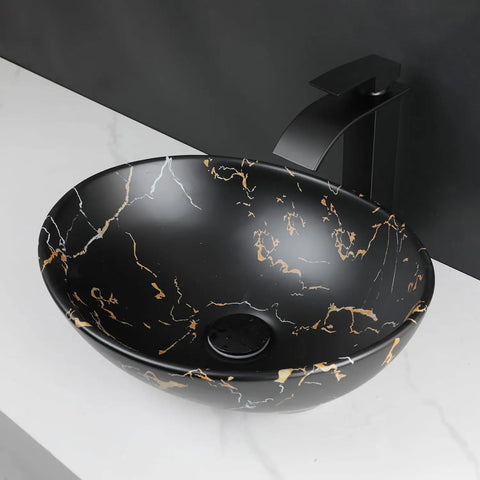 KEMAIDI Ceramic Vessel Sinks Oval Bathroom Sink Above Counter Vessel Sink with Faucet and Drain Combo 16 inch Marbling Vessel