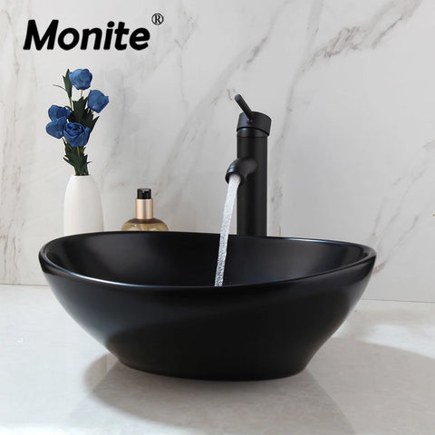 Monite Black Bathroom Ceramic Bowl Oval Washbasin Sink Handpainting Lavatory Bath Basin Combine W/ Brass Black Faucet Mixer Tap