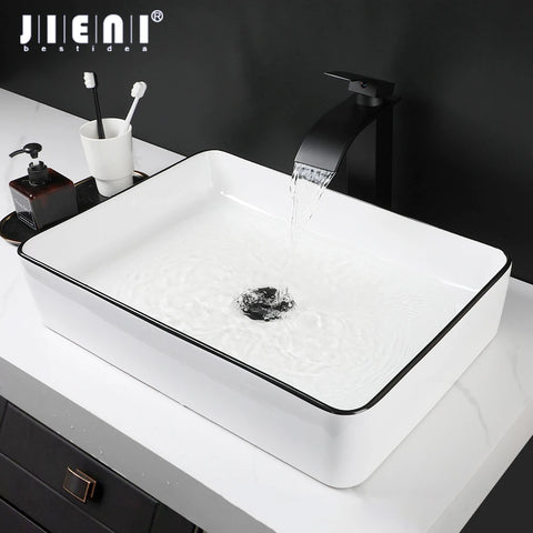 JIENI Bathroom Sink White Ceramic Basin Black Edge Rectangle Washbasin Faucet Set W/ Drainer Waterfall Outlet Hot Cold Mixer Tap