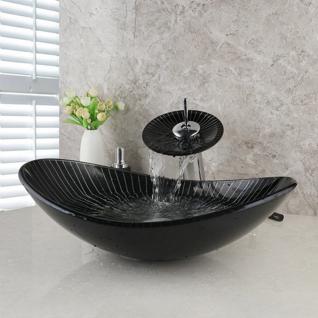 KEMAIDI Tempered Glass Basin Round/Oval/Square/Rectangular Shape White Stripes w/Hot & Cold Faucet Glass Bathroom Sink Set