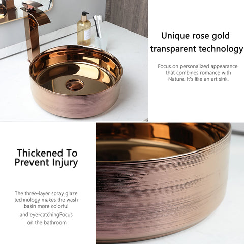 OUBONI Bathroom Round Basin Faucet Set Ceramic Art Sink Waterfall Hot Cold Mixer Tap With Single Lever Rose Gold Pop Up Drain